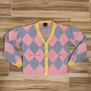 Steady Hands Argyle Cardigan Sweater Pastel Pink Blue Yellow Womens ML